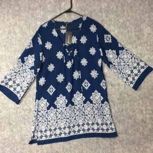 Portacruz Navy White V Neck Tie Tunic Dress Women's L Side Slits Boho Tunic NWT